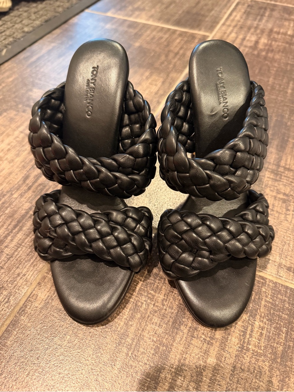 Tony Bianco Black Braided Double-Strap Heeled Slides